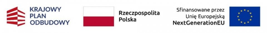 Logo Krajowego Planu Odbudowy, flaga Polski w poziomym układzie, flaga Unii Europejskiej na białym tle z napisem o finansowaniu przez NextGenerationEU.
