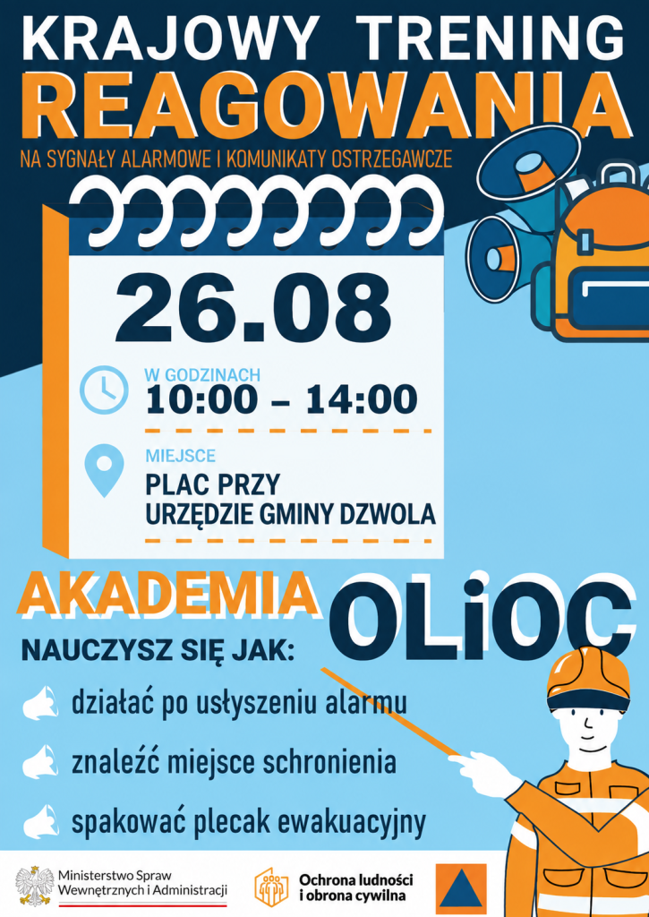 Plakat w niebieskich i pomarańczowych kolorach z kalendarzem na 26.08, godzinami 10:00-14:00, miejscem Plac przy Urzędzie Gminy Dzwola, ilustracją pracownika w kasku i megafonami.