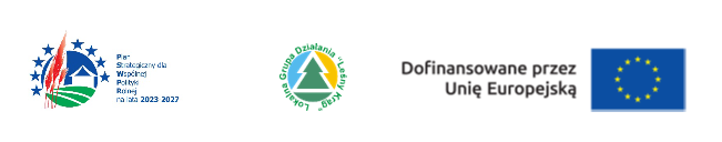 Logo Strategii dla Wspólnej Polityki Rolnej 2023-2027, logo Lokalnej Grupy Działania i LSR, napis "Dofinansowane przez Unię Europejską" oraz flaga UE.