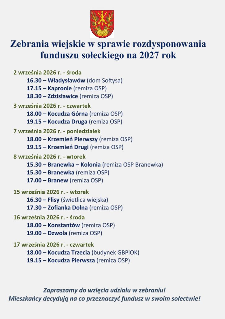 Herb na czerwonym tle, tekst o zebraniach wiejskich dotyczących funduszu sołeckiego w 2027 roku, terminy i miejsca spotkań we wrześniu 2026.