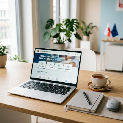 Laptop na drewnianym biurku z otwartą stroną internetową, obok szara notes z czarnym długopisem, biała myszka oraz filiżanka herbaty na podstawce, w tle rośliny i flagi.