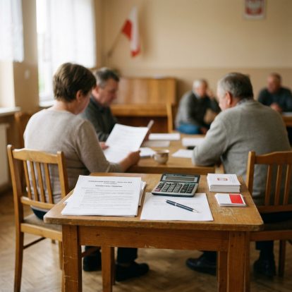 Stół z dokumentami, kalkulatorem i długopisem w pierwszym planie, za nim cztery osoby siedzące na drewnianych krzesłach w jasnym pomieszczeniu z flagą i fortepianem.
