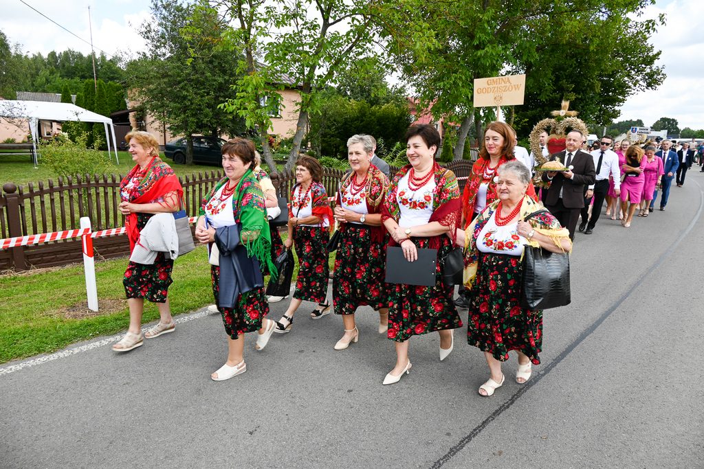 Kobiety w kolorowych, kwiatowych strojach ludowych z czerwonymi i zielonymi chustami idą ulicą, w tle mężczyźni w garniturach i szyld "Gmina Godziszów".
