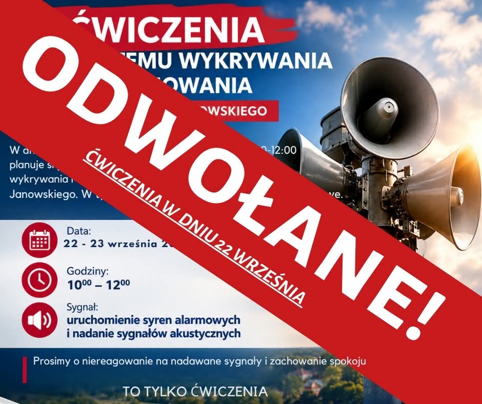Głośniki syren alarmowych na tle nieba, na czerwonym pasku duży biały napis odwołane, tekst informacyjny o ćwiczeniach syren alarmowych.