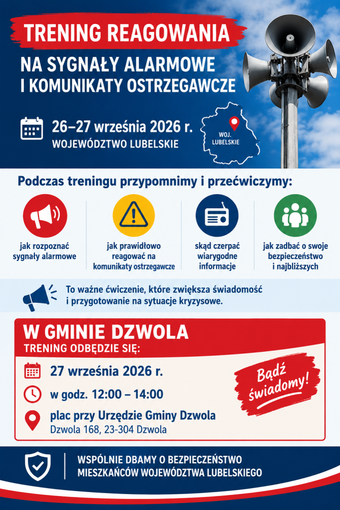 Plakat z napisem „Trening reagowania na sygnały alarmowe i komunikaty ostrzegawcze”, data 26-27 września 2026, mapa województwa lubelskiego, ikony megafonu, trójkąta ostrzegawczego, radia i grupy osób, niebieskie tło z chmurami.