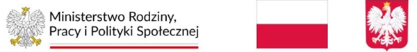 Godło Polski z orłem białym w koronie, napis Ministerstwo Rodziny, Pracy i Polityki Społecznej, flaga Polski, herb Polski z orłem białym na czerwonym tle.
