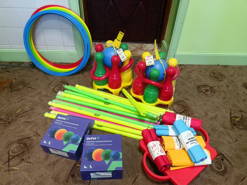 Kolorowe plastikowe hula hop, zestawy do kręgli z piłkami, zielone i różowe kijki, pudełka z piłkami sensorycznymi oraz czerwone pojemniki z kolorowymi materiałami na brązowym dywanie.