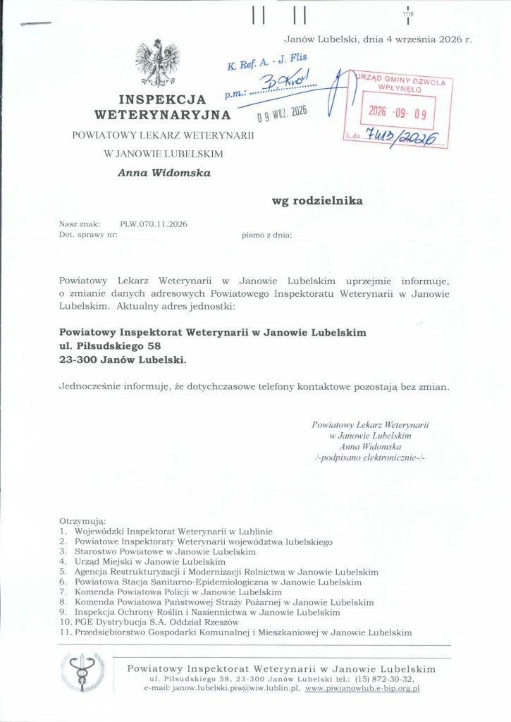 Dokument urzędowy Powiatowego Lekarza Weterynarii w Janowie Lubelskim z danymi adresowymi, pieczęciami i podpisem elektronicznym, czarny tekst na białym tle.