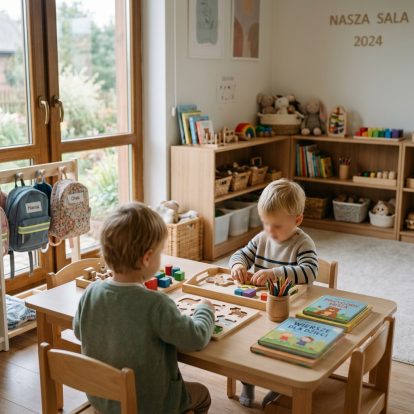 Dwoje dzieci siedzi przy drewnianym stoliku z układankami, wokół półki z książkami, zabawkami i plecaki wiszące na stojaku przy dużym oknie.